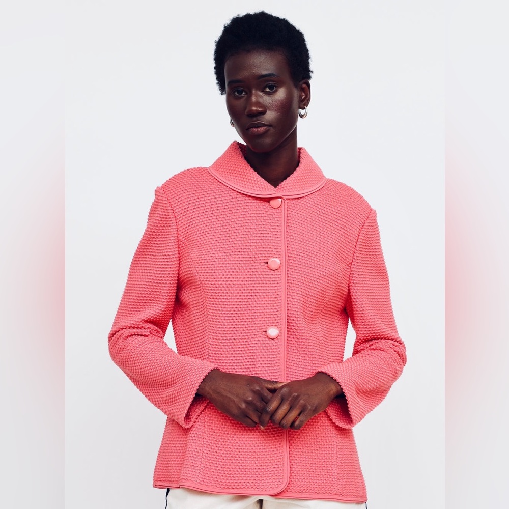 ST. JOHN Silk Wool Knit Peter Pan Collar Button Luxury Evening Jacket Pink Coat